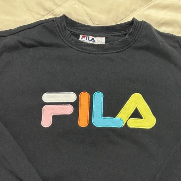 Fila Black Crewneck with Colorful Logo/ French Terry  sweatshirt size L - Picture 3 of 9